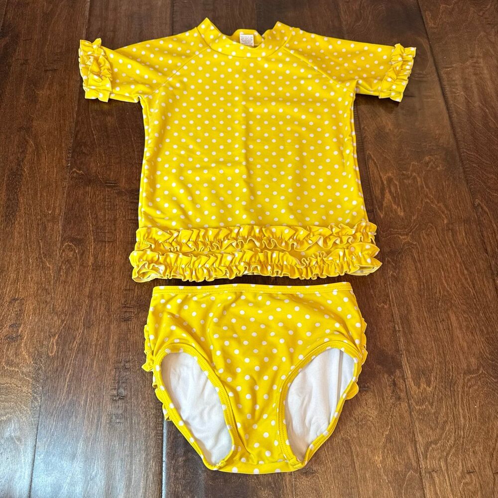 Ruffle Butts Yellow Polka Dot Rash Guard Ruffle Two Piece Swimsuit size 4T